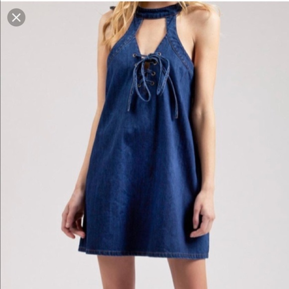J.O.A. Blue Denim Lace Up Halter Dress Size Medium